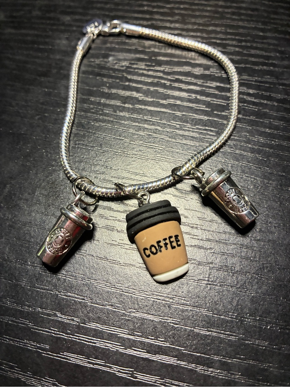 Silver Charm Bracelet with Brown Coffee Cup Charm